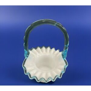 Fenton Basket Aqua Blue Crest Milk Glass‎ Ruffle Edge Bamboo Handle Top Hat VTG